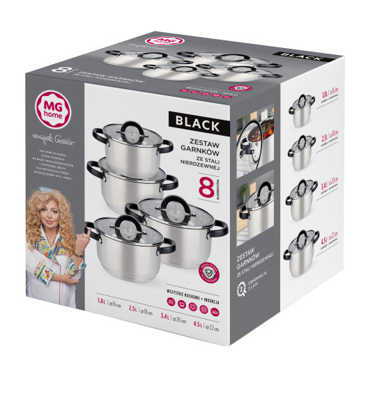 MG HOME | BLACK KOMPLET GARNKÓW ZE STALI NIERDZEWNEJ 8 EL.