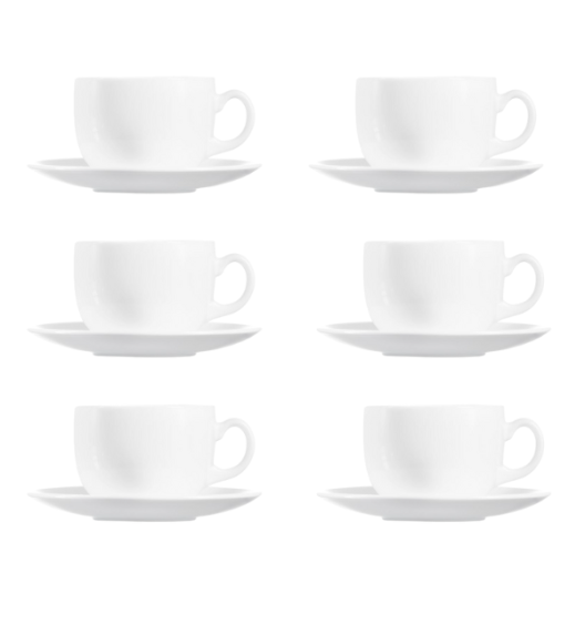 LUMINARC DIWALI WHITE Komplet 6 filiżanek 220 ml ze spodkami 14 cm| biały | szkło hartowane 