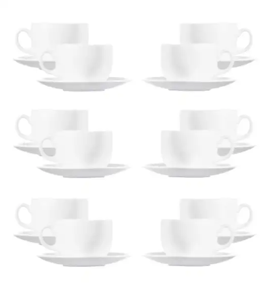 LUMINARC DIWALI WHITE Komplet 12 (2x6) filiżanek 220 ml ze spodkami 14 cm| biały | szkło hartowane 