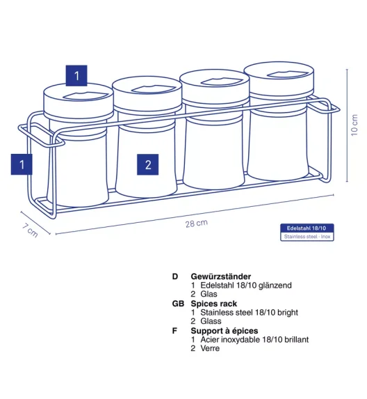 KELA | Miko | stojak na przyprawy, 5 el., szkło/stal nierdzewna, 28 x 7 x 10 cm