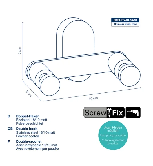 KELA | Alessio | podwójny haczyk / wieszak łazienkowy, stal nierdzewna 18/10, 10 x 5 x 6 cm, czarny