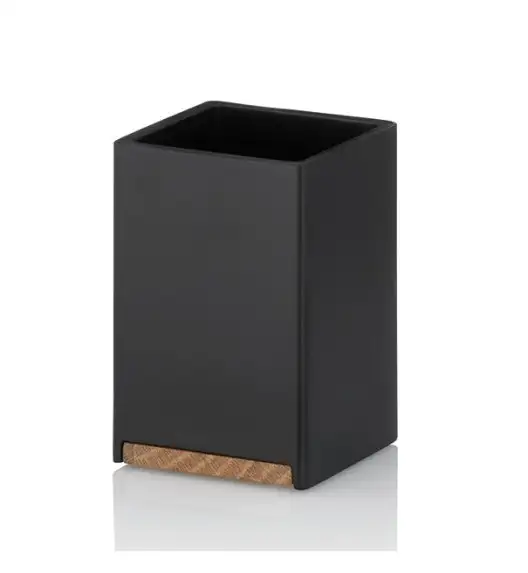 KELA | Cube | kubek łazienkowy, żywica polimerowa/drewno dębowe, 7 x 7 x 11 cm, czarny