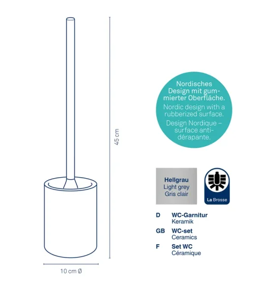 KELA | Sana | zestaw do WC, ceramika gumowana/tworzywo sztuczne, śred. 10 x 45 cm, jasnoszary