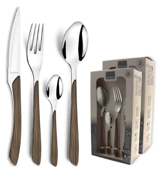 AMEFA ECLAT NATURE Sztućce UE 48 elementów dla 12 osób w pudełku / efekt ciemnego drewna