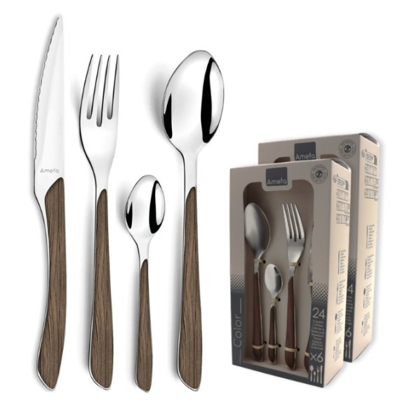 AMEFA ECLAT NATURE Sztućce UE 48 elementów dla 12 osób w pudełku / efekt ciemnego drewna