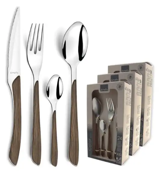 AMEFA ECLAT NATURE Sztućce UE 72 elementy dla 18 osób w pudełku / efekt ciemnego drewna