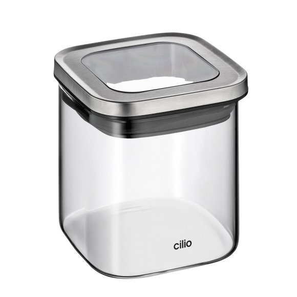 CILIO | Cubo | pojemnik kuchenny, szkło borokrzemowe/stal nierdzewna, 10 x 10 x 10 cm, 0,65 l