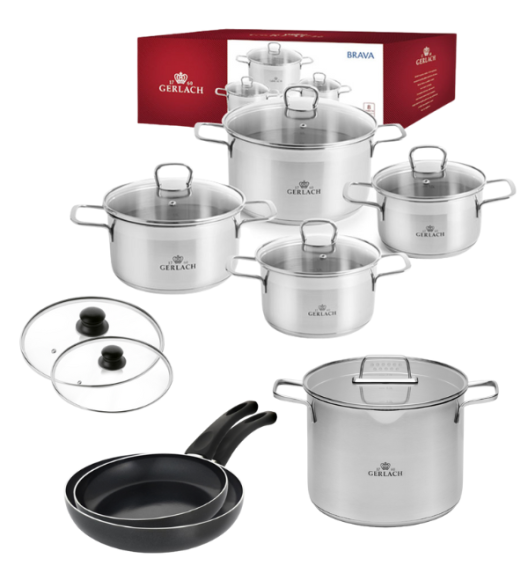 GERLACH BRAVA Komplet Garnki z pokrywkami 8 el + patelnie Gerlach Initial 24, 28 cm + pokrywki 24, 28 cm + Garnek 7 l 