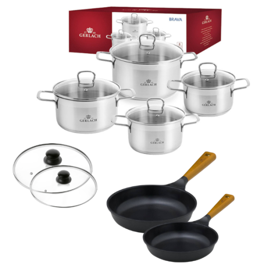 GERLACH BRAVA Komplet Garnki z pokrywkami 8 el + patelnie Gerlach Natur Evo 20, 28 cm + pokrywki uniwersalne