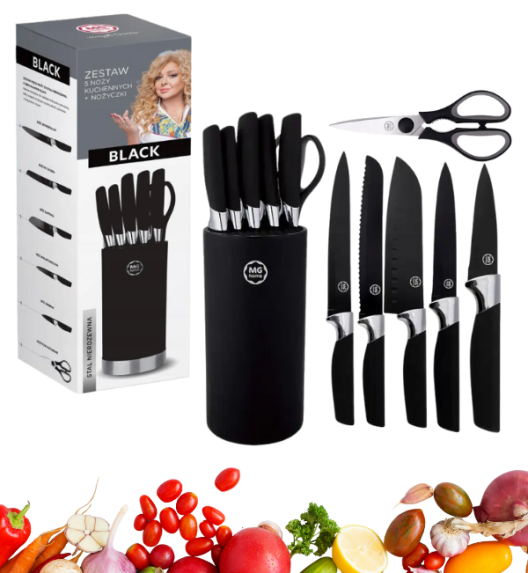 MG HOME | BLACK Zestaw 5 noży w bloku + nożyczki / stal nierdzewna