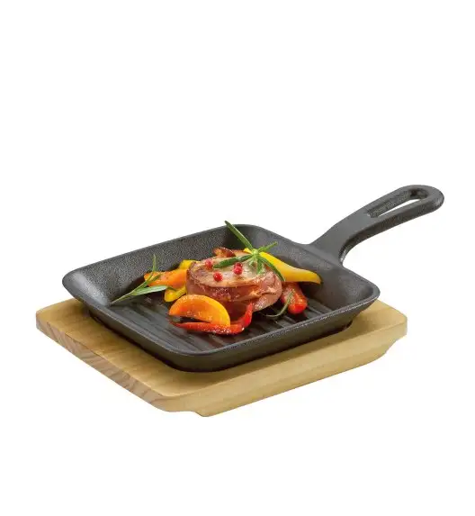 KÜCHENPROFI | mini patelnia grillowa do serwowania z podstawką, 23 x 13,5 x 5,5 cm, żeliwo/drewno sosnowe