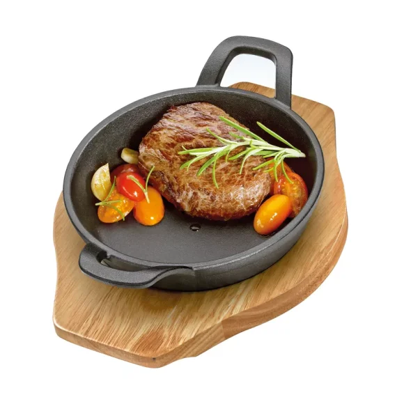 KÜCHENPROFI | mini patelnia do serwowania z podstawką, 24 x 18,5 x 5,5 cm, żeliwo/drewno sosnowe