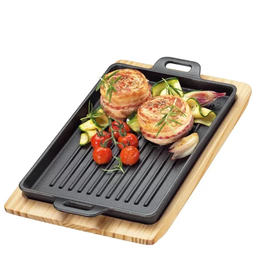KÜCHENPROFI | BBQ | patelnia grillowa na podstawce, 32 x 22 x 3,5 cm, żeliwo/drewno sosnowe