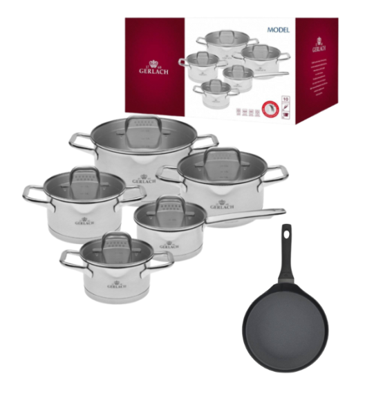 GERLACH MODEL Komplet Garnki z pokrywkami 10 el + Patelnia naleśnikowa 26 cm 