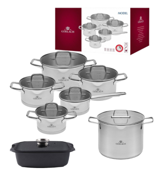 GERLACH MODEL Komplet Garnki z pokrywkami 10 el + Gerlach Ambiente Garnek 7 l z pokrywką 24 cm + Brytfanna Granitex 32 cm