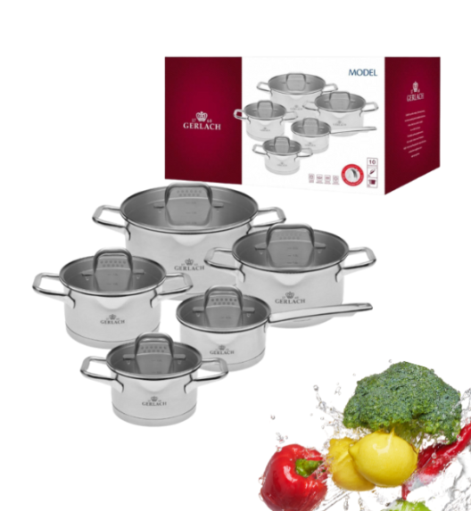 GERLACH MODEL Komplet Garnki z pokrywkami 10 el + Gerlach Ambiente Garnek 7 l z pokrywką 24 cm + Brytfanna Granitex 32 cm