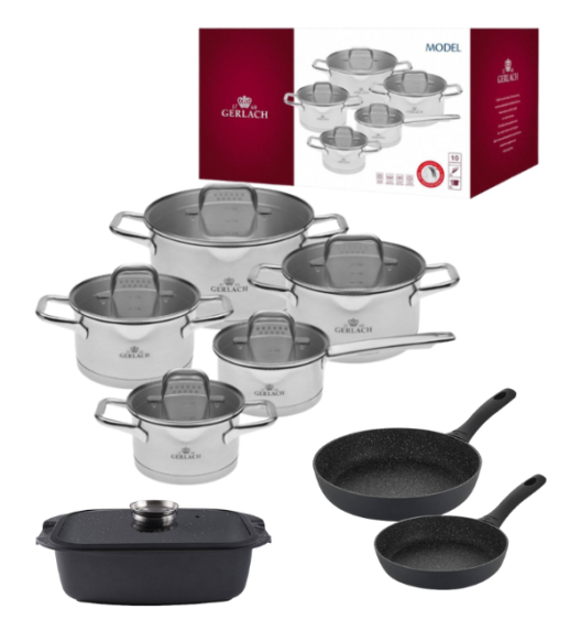 GERLACH MODEL Komplet Garnki z pokrywkami 10 el + Gerlach Granitex Patelnia 20, 28 cm + Brytfanna Granitex 32 cm