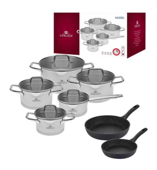 GERLACH MODEL Komplet Garnki z pokrywkami 10 el + Gerlach Granitex Patelnia 20, 28 cm 