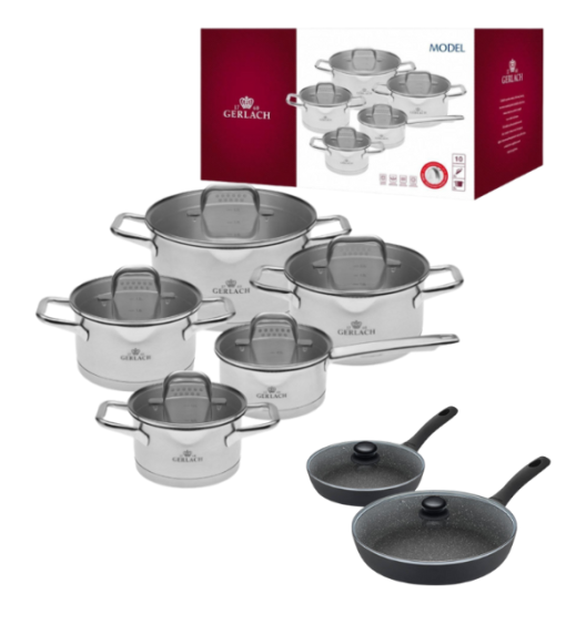 GERLACH MODEL Komplet Garnki z pokrywkami 10 el + Gerlach Granitex Patelnia 20, 28 cm + pokrywki uniwersalne 20, 28 cm 