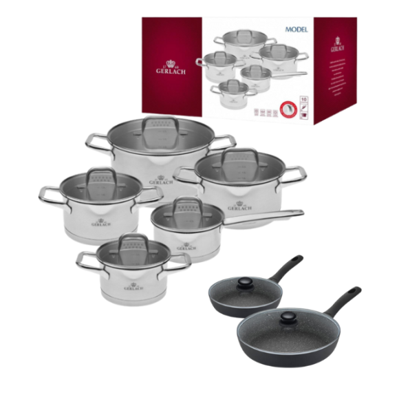 GERLACH MODEL Komplet Garnki z pokrywkami 10 el + Gerlach Granitex Patelnia 20, 28 cm + pokrywki uniwersalne 20, 28 cm 