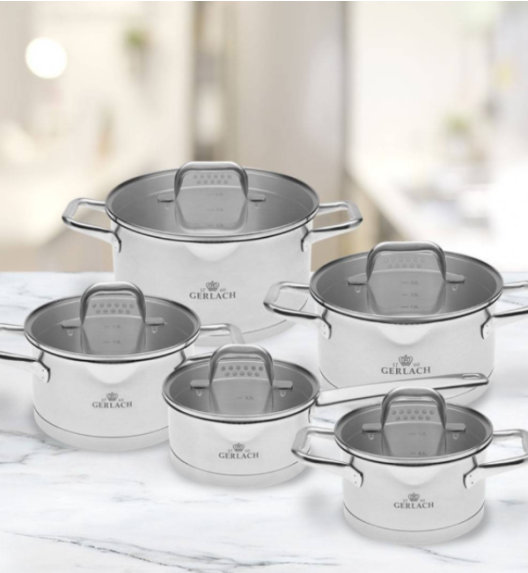 GERLACH MODEL Komplet Garnki z pokrywkami 10 el + Gerlach Initial Patelnia 24, 28 cm 