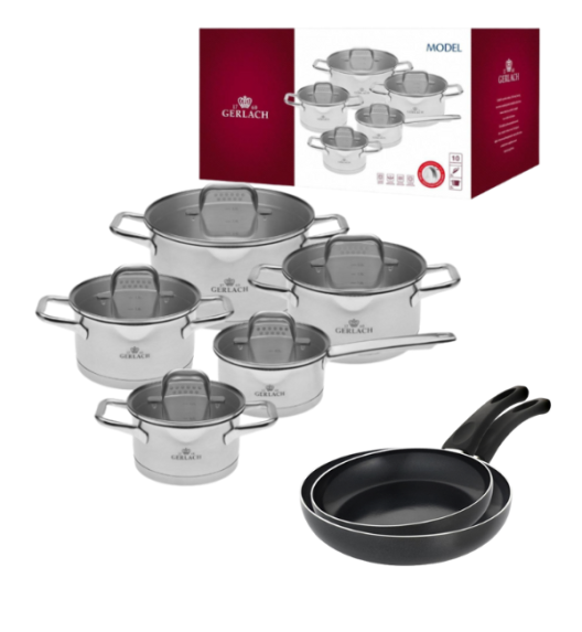 GERLACH MODEL Komplet Garnki z pokrywkami 10 el + Gerlach Initial Patelnia 24, 28 cm 