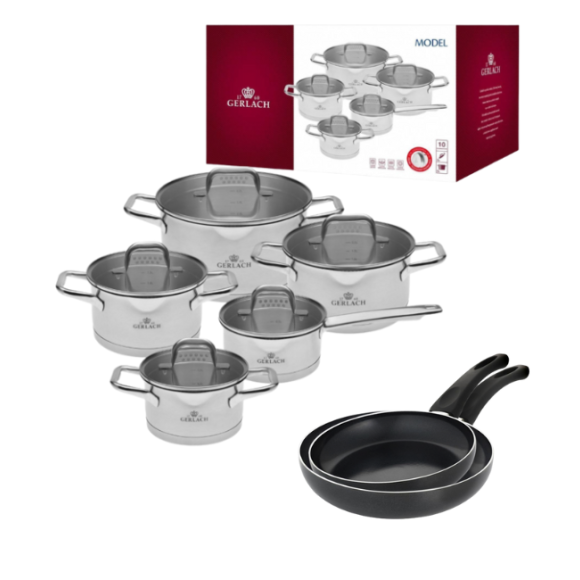 GERLACH MODEL Komplet Garnki z pokrywkami 10 el + Gerlach Initial Patelnia 24, 28 cm 