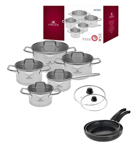 GERLACH MODEL Komplet Garnki z pokrywkami 10 el + Gerlach Initial Patelnia 24, 28 cm + pokrywki uniwersalne 24, 28 cm