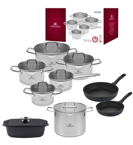 GERLACH MODEL Komplet Garnki z pokrywkami 10 el + Gerlach Ambiente Garnek 7 l z pokrywką 24 cm + Brytfanna Granitex 32 cm+ Granitex Patelnia 20, 28 cm 