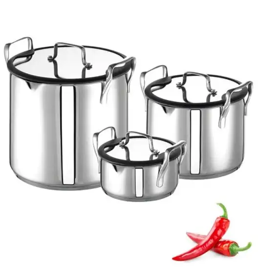 WYPRZEDAŻ! ROHE TINY MARCO Komplet 3 kompaktowych garnków z pokrywkami | stal nierdzewna 18/10 | indukcja | niemiecka jakość