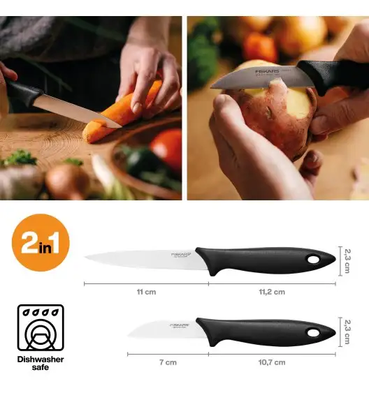 FISKARS ESSENTIAL Zestaw 2 małych noży kuchennych 7 cm + 11 cm w pudełku / stal nierdzewna + tworzywo sztuczne