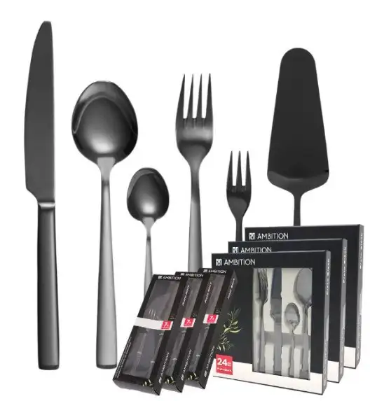 AMBITION PRATO Sztućce Komplet 72+21 el dla 18 osób / pudełko / czarne