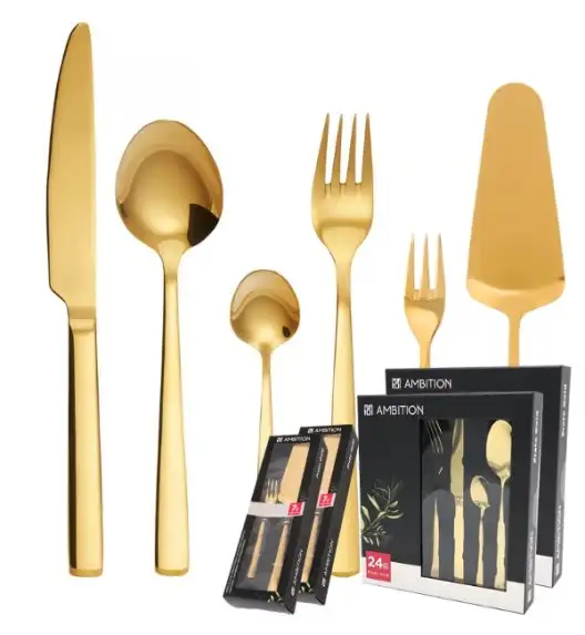 AMBITION PRATO Sztućce Komplet 48+14 el dla 12 osób / pudełko / złote