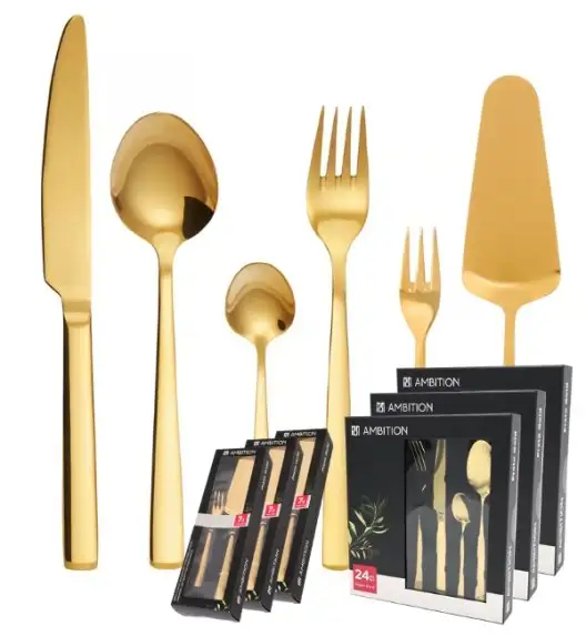 AMBITION PRATO Sztućce Komplet 72+21 el dla 18 osób / pudełko / złote