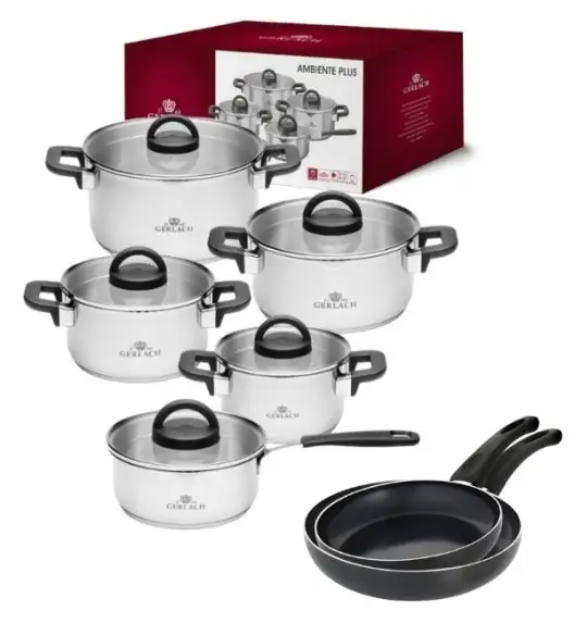 GERLACH AMBIENTE PLUS Komplet Garnki z pokrywkami 10 el + Patelnie Initial 24, 28 cm / stal nierdzewna / indukcja