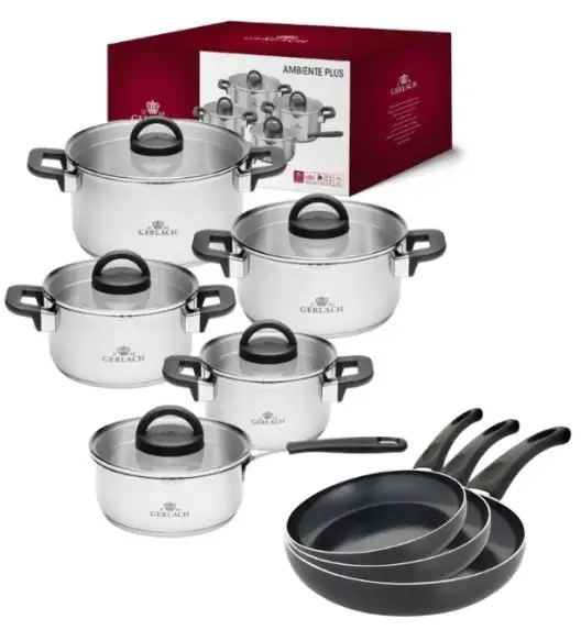 GERLACH AMBIENTE PLUS Komplet Garnki z pokrywkami 10 el + Patelnie Initial 20, 24, 28 cm / stal nierdzewna / indukcja