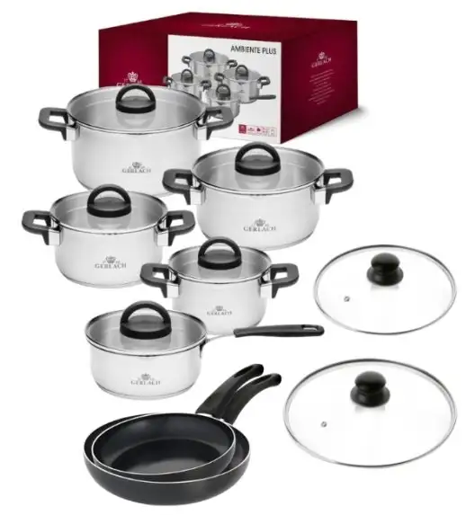 GERLACH AMBIENTE PLUS Komplet Garnki z pokrywkami 10 el + Patelnie Initial 24, 28 cm + Pokrywki szklane TADAR
