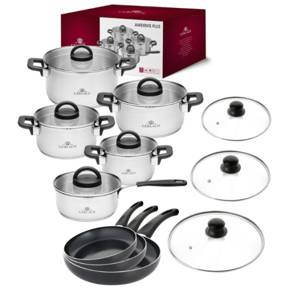GERLACH AMBIENTE PLUS Komplet Garnki z pokrywkami 10 el + Patelnie Initial 20, 24, 28 cm + Pokrywki szklane TADAR