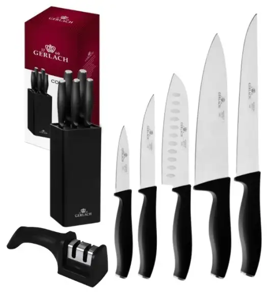GERLACH COMFORT 985 Zestaw 5 noży w bloku czarnym + ostrzałka 2w1 / antypoślizgowa rękojeść