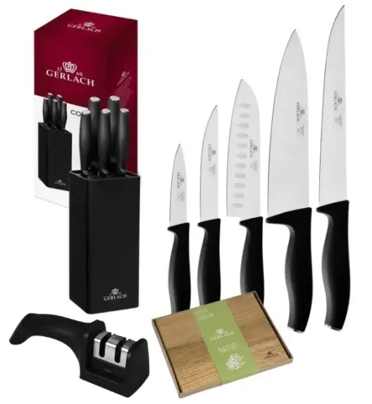 GERLACH COMFORT 985 Zestaw 5 noży w bloku czarnym + ostrzałka 2w1 + deska / antypoślizgowa rękojeść