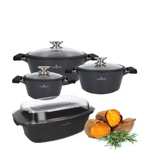 ZWIEGER BLACK STONE Zestaw garnków z pokrywkami 20, 24, 28 cm GREBLON non-stick + Brytfanna Practi Plus