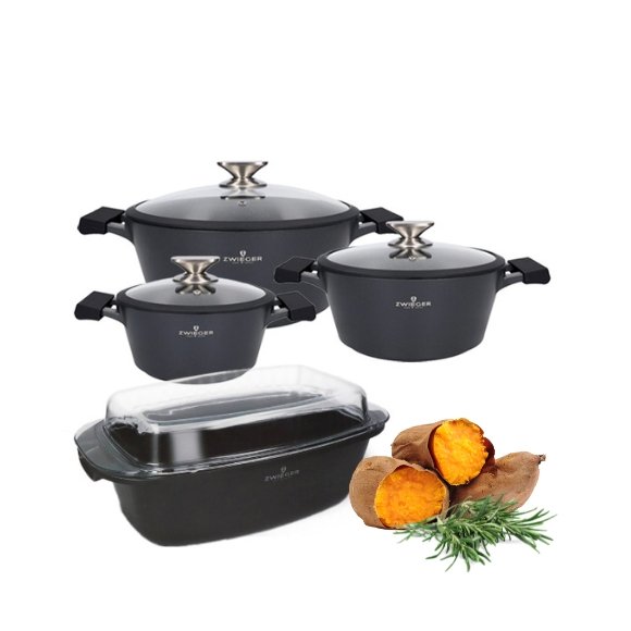 ZWIEGER BLACK STONE Zestaw garnków z pokrywkami 20, 24, 28 cm GREBLON non-stick + Brytfanna Practi Plus