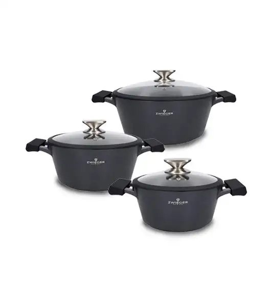 ZWIEGER BLACK STONE Zestaw garnków z pokrywkami 20, 24, 28 cm GREBLON non-stick + Brytfanna Practi Plus