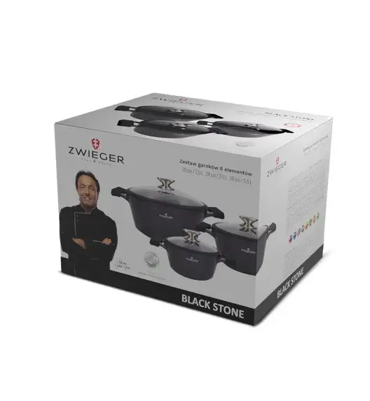 ZWIEGER BLACK STONE Zestaw garnków z pokrywkami 20, 24, 28 cm GREBLON non-stick + Brytfanna Practi Plus