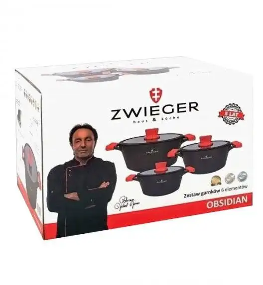 ZWIEGER OBSIDIAN Komplet Garnki 6 el z pokrywkami 5,5l/ 3,5l/ 2l GREBLON + Brytfanna Practi Plus