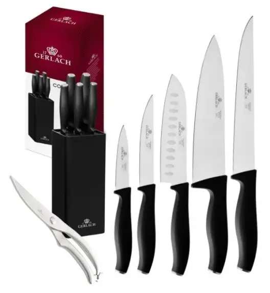 GERLACH COMFORT 985 Zestaw 5 noży w bloku czarnym + nożyce stalowe / antypoślizgowa rękojeść