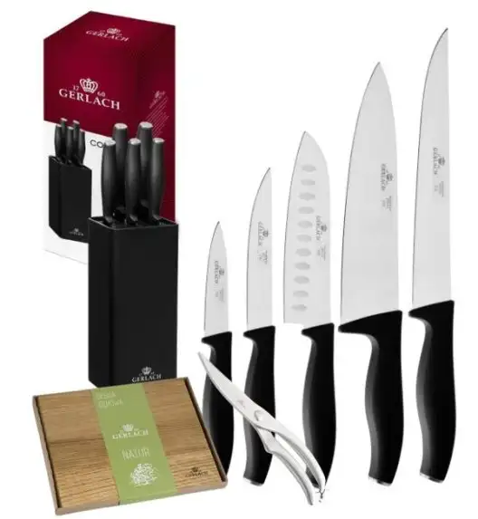 GERLACH COMFORT 985 Zestaw 5 noży w bloku czarnym + nożyce stalowe + deska dębowa / antypoślizgowa rękojeść