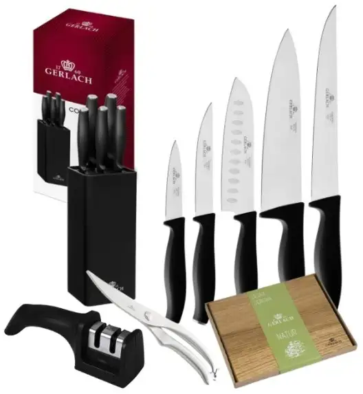 GERLACH COMFORT 985 Zestaw 5 noży w bloku czarnym + ostrzałka 2w1 + nożyce do drobiu + deska / antypoślizgowa rękojeść