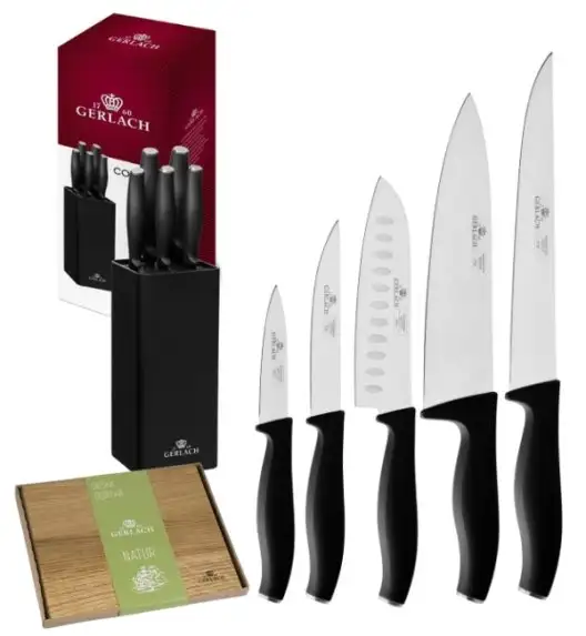 GERLACH COMFORT 985 Zestaw 5 noży w bloku czarnym + deska dębowa 30x24 cm / antypoślizgowa rękojeść