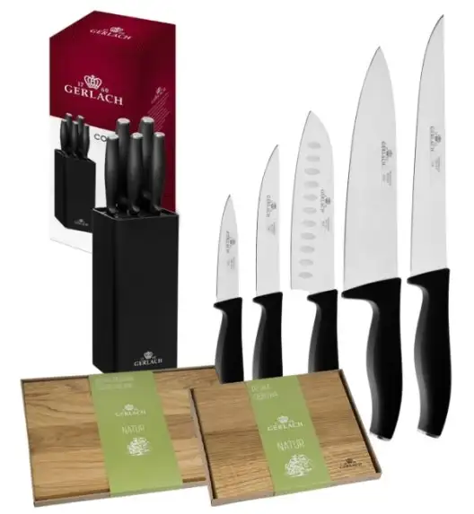 GERLACH COMFORT 985 Zestaw 5 noży w bloku czarnym + kpl 2 desek dębowych / antypoślizgowa rękojeść